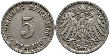 ГЕРМАНИЯ 5 ПФЕННИГОВ 1906 D KM 11, Jager 12, Weege 6 медно-никель 4547-451