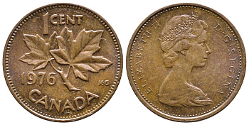 Канада 1 цент 1976 Елизавета II (1952-2022), кленовый лист KM 59.1 бронза 177-1014