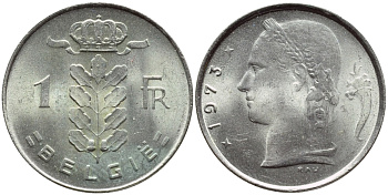 БЕЛЬГИЯ 1 ФРАНК 1973 BELGIE KM 143.1 медно-никель 4395-446