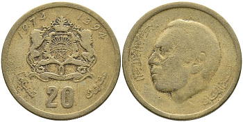 Марокко 20 сантимов 1974 AH1394, Аль Хассан II (1962-1999), KM 61 алюминиевая бронза 3336-1024