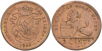 БЕЛЬГИЯ 2 САНТИМА 1905 BELGEN KM 36 медь 68-731