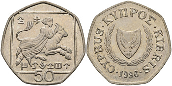 Кипр 50 центов 1996 похищение Европы KM 66 медно-никель 4141-1241