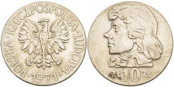 ПОЛЬША 10 ЗЛОТЫХ 1971 MW, ТАДЕУШ КОСТЮШКО KM 50а медно-никель 111-144