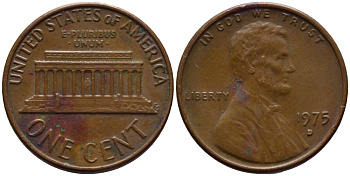 США 1 ЦЕНТ 1975 D, ЛИНКОЛЬН KM 201 медь цинк 66-1016