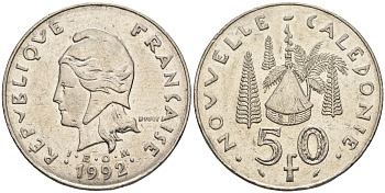 Французская Новая Каледония 50 франков 1992 хижина среди сосен и пальм, (IEOM) KM 13, Schoen 15, Lec 121 никель 4123-312