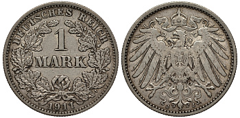 Германия 1 марка 1911 J, Weege 18, J. 17, KM 14 серебро VF 413-1313