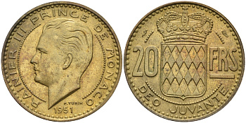 Монако 20 франков 1951 Ренье III (1949-2005) KM 131 алюминиевая бронза 4586-952