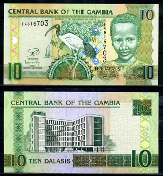 Гамбия 10 даласи ND (2006-2013) ибис, мальчик, здание центрального банка Pick 26с бумага UNC (пресс) 7486-44-3-1