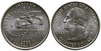 США 25 центов = квотер 2002 Р, серия штаты США, Индиана KM 334 334 медь плакированная медно-никелем 56-822