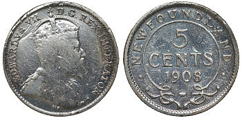 Ньюфаундленд 5 центов 1908 Эдуард VII (1901-1910) KM 7 серебро    66-1066