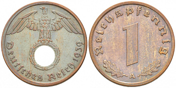 ГЕРМАНИЯ 1 РЕЙХСПФЕННИГ 1939 A KM 89 J 361 бронза 3718-168