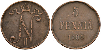 Россия для Финляндии 5 пенни 1906 Николай II (1896-1917) Биткин 447 медь 4159-552