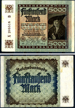 Германия 5000 марок 1922 2 декабря 1922, водяной знак E, серия B, буква X Pick 81 a бумага 8589-17-1-2