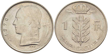 БЕЛЬГИЯ 1 ФРАНК 1970 BELGIQUE, БОДУЭН I (1951-1993) KM 142.1 медно-никель 202-1037