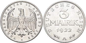 Германия 3 марки 1922 A, третья годовщина Веймарской Конституции KM 29, J.303 алюминий UNC 4587-215