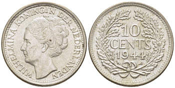 Нидерланды 10 центов 1944 Вильгельмина (1890-1948) KM 163 серебро aUNC 4392-118