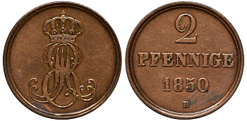 Ганновер 2 пфеннига 1850 B, Эрнст Август (1837-1851) KM 202.1, AKS 124, J. 75 медь 75-1941
