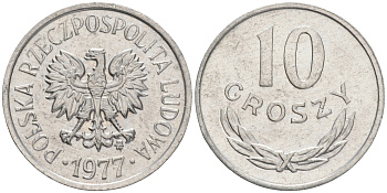 ПОЛЬША 10 ГРОШЕЙ 1977 MW KM АА47 алюминий XF 192-111