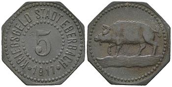 Эбербах 5 пфеннингов 1917 Funck 106.1, Men05 6044.1, Men18 7578.1 цинк 1515-134