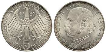 ФРГ 5 марок 1969 G, 150 лет со дня рождения Теодора Фонтана J. 399, KM 125.1 серебро UNC 413-3534