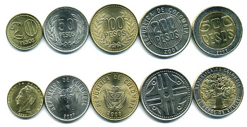 Колумбия лот из 5 монет 2007-2008 (20, 50, 100, 200, 500 песо) UNC M79-06