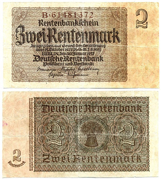 ГЕРМАНИЯ 2 РЕНТЕНМАРКИ 1937 30 ЯНВАРЯ 1937, ВЕЙМАРСКАЯ РЕСПУБЛИКА, ВОСЕМЬ ЦИФР В НОМЕРЕ СЕРИИ, СЕРИЯ B Pick 174b, Rosenberg 167b бумага 6289-41-1-1