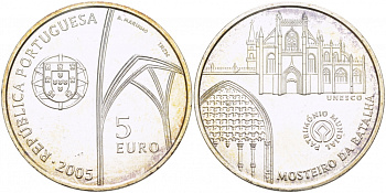 ПОРТУГАЛИЯ 5 ЕВРО 2005 ЮНЕСКО МОНАСТЫРЬ БАТАЛЬЯ KM 769 серебро UNC 06-255-45