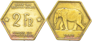 Бельгийское Конго 2 франка 1943 слон, шестиугольная, год тип KM 25 латунь 4541-943