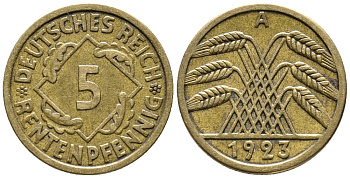 ГЕРМАНИЯ 5 РЕНТЕНПФЕННИГОВ 1923 A KM 32, J. 308 алюминиевая бронза 39-438