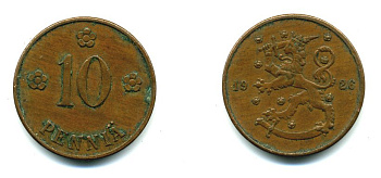 Финляндия 10 пенни 1926 республика (1918-1962) KM 24 медь 46-1535