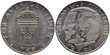 Швеция 1 крона 1984 Карл XVI Густав (1973- ) KM 852a медно-никель 4397-1141