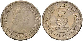 Малайя и Британское Борнео 5 центов 1961 Елизавета II (1952-2022) KM 1 медно-никель 4588-1022