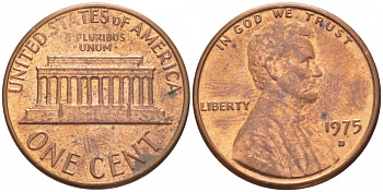 США 1 ЦЕНТ 1975 D, ЛИНКОЛЬН KM 201 медь цинк UNC 3309-249