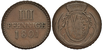 Саксония 3 пфеннига 1801 Фридрих Август III (1763-1806), из коллекции Gerhart RotherI KM 1037, Buck 204 c, Slg. Merseburger - медь 413-6514