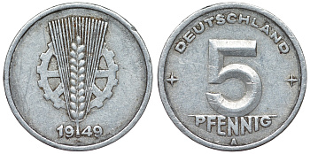 ГДР 5 пфеннигов 1949 A KM 2 алюминий 4119-831