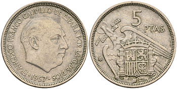 Испания 5 песет 1957 (69) Франсиско Франко (1939-1975) KM 786 медно-никель    4143-157
