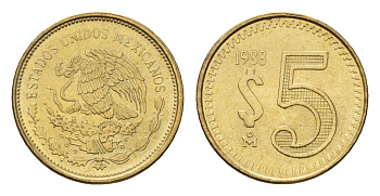 Мексика 5 песо 1988 KM 502 латунь UNC 4596-152