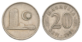 Малайзия 20 сенов 1981 здание Парламента KM 4 медно-никель 4579-844