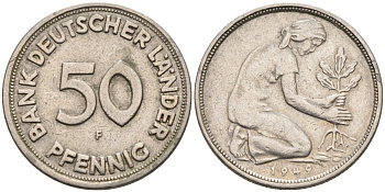 ФРГ 50 пфеннигов 1949 F KM 104, J. 379 медно-никель 4586-626