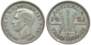 Австралия 3 пенса 1951 m, Георг VI (1937-1952), без букв KM 44 серебро 71-261