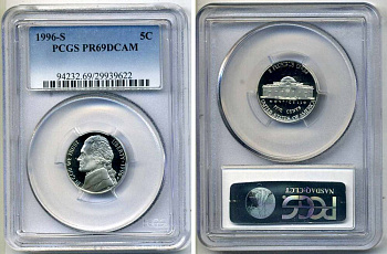 США 5 центов 1996 S, президент Джеферсон, в слабе PCGS PR69CAM KM А192 медно-никель PROOF 15-003-17