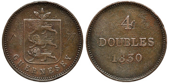Гернси 4 дабла (дубля) 1830 KM 2 медь 4557-1213