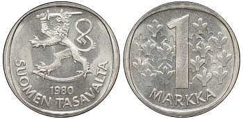 Финляндия 1 марка 1980 K KM 49а медно-никель UNC 259-433