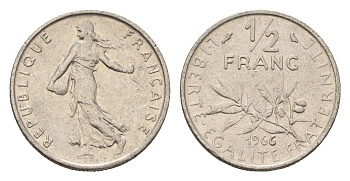 Франция 1/2 франка 1966 сеятель KM 931.1 никель 4674-621