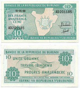 БУРУНДИ 10 ФРАНКОВ 1988 1 МАЯ 1988 Pick 33b бумага UNC (ПРЕСС) 8595-23-3-2