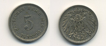 ГЕРМАНИЯ 5 ПФЕННИГОВ 1914 A, KM 11, J. 12 медно-никель 54-715