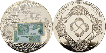 Нидерланды медаль 2001 банкнота 1000 гульденов, Эмиссия (1996-2001), цветная эмаль, серебрение, сертификат медно-никель PROOF 5-6-2-52
