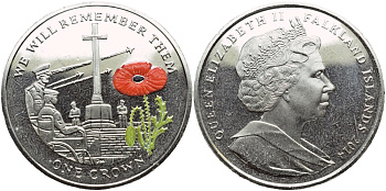 Фолклендские острова 1 крона 2014 в память героев первой мировой войны, военный мемориал Содружества, красный мак KM 176.1 медно-никель, эмаль  PROOF 1071-5-21