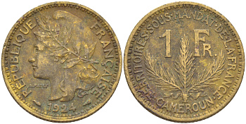 Французский Камерун 1 франк 1924 (а), монетный двор Париж KM 2 алюминиевая бронза 25-115