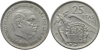 Испания 25 песет 1957 (70) Франсиско Франко (1939-1975) KM 787 медно-никель 4171-712